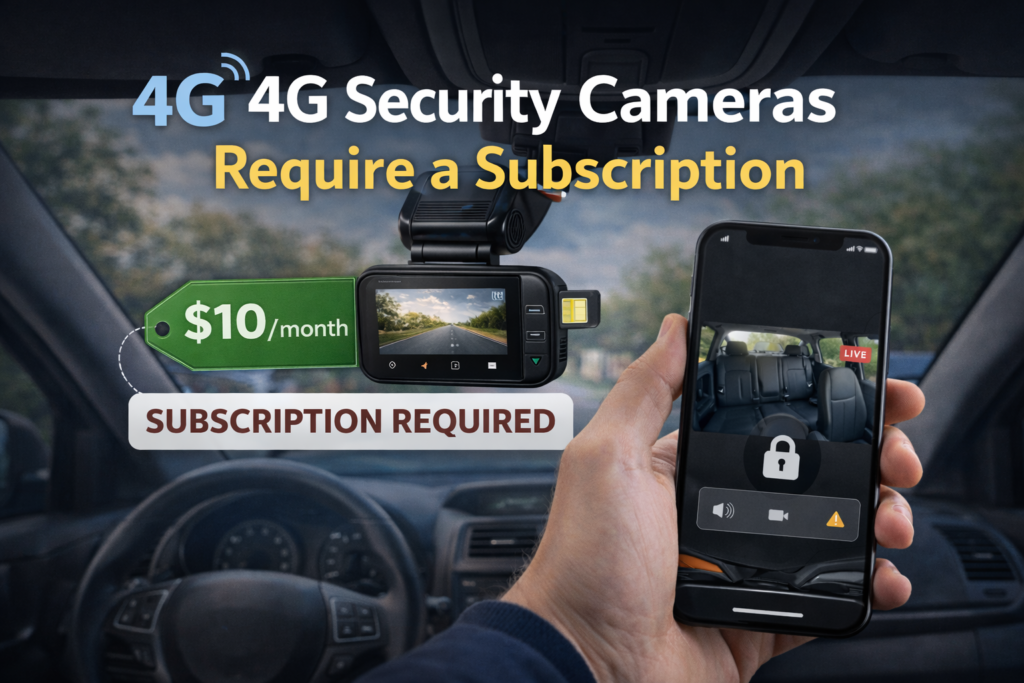 4G security camera in car with smartphone remote monitoring showing live view and subscription required concept