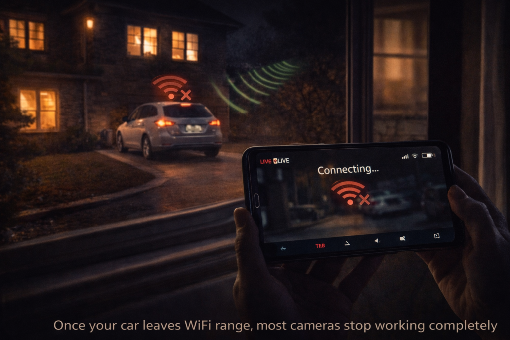 car parked outside at night losing wifi connection causing security camera to disconnect
